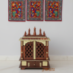 Wooden Hindu Shrine With Brass Detailing, Wall Hanging Pooja Mandir