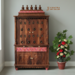 Sheesham Wood Pooja Mandir, Solid Indian Temple Cabinet with Brass Bells