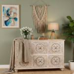 Mango Wood Hand-Carved Drawer Sideboard For Storage - Image 2