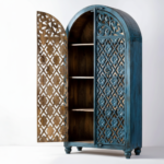 Mango Wood Hand-Carved Bookshelf With Blue Finish - Image 9