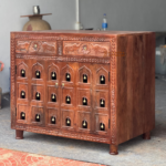 Mango Wood Accent Cabinet: Hand-Carved Indian Sideboard with Brass Bells - Image 5