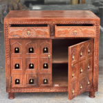 Mango Wood Accent Cabinet: Hand-Carved Indian Sideboard with Brass Bells - Image 3