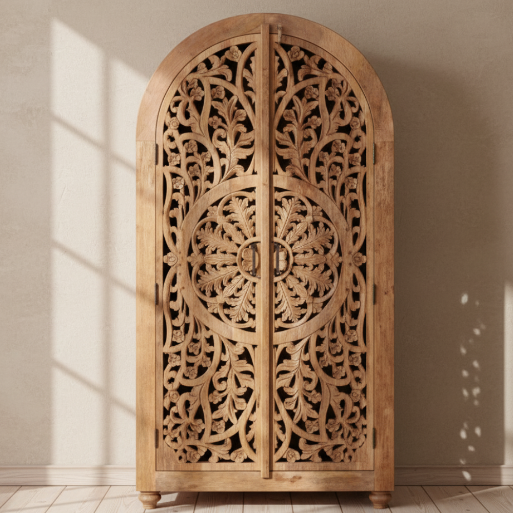 SolidWood_29 Mango Wood Hand-Carved Bookshelf With Natural Finish - Image 1