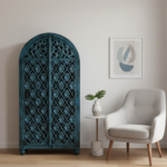 Mango Wood Hand-Carved Bookshelf With Blue Finish