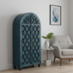 Mango Wood Hand-Carved Bookshelf With Blue Finish - Image 2