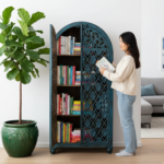 Mango Wood Hand-Carved Bookshelf With Blue Finish - Image 3