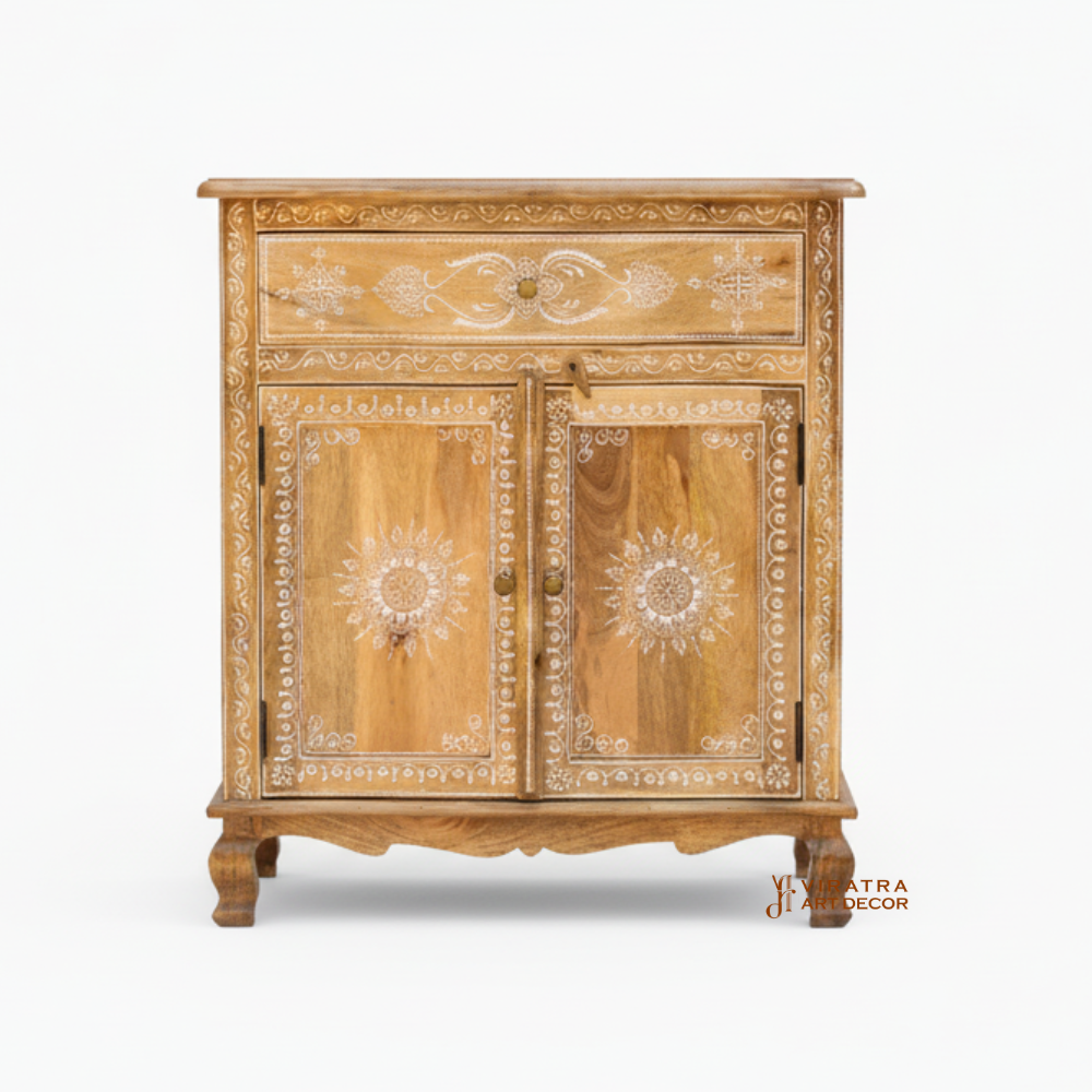 Solid_Wood_-_2025-11-06T172757.564 Wooden Indian Boho Bedside Cabinet, Living Room Decor Two Drawer Dresser Cabinet, - Image 1