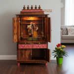 Sheesham Wood Pooja Mandir, Solid Indian Temple Cabinet with Brass Bells - Image 4
