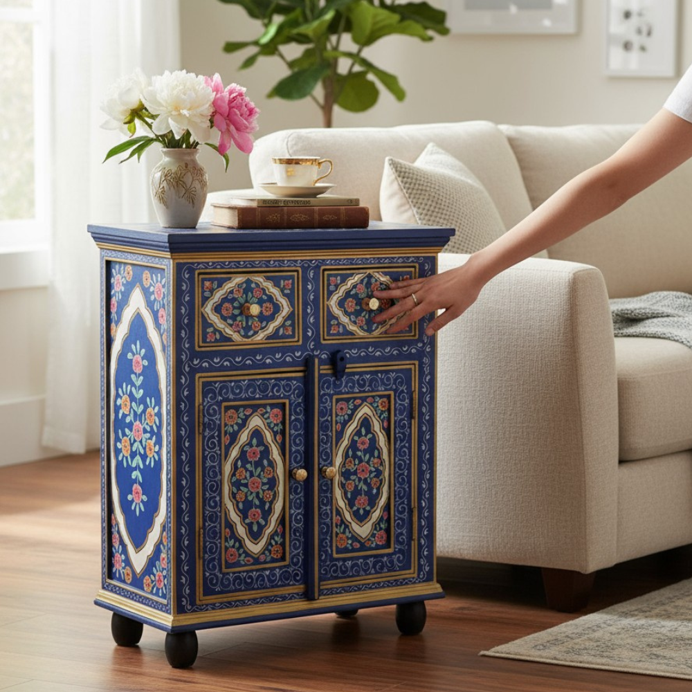 Solid_Wood_91 Wooden 2 Drawer 2 Door Cabinet With Hand Painted - Image 1