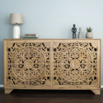Mango Wood Hand-Carved Sideboard With Shiny Wood Polish