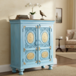 Mango Wood Hand-Carved Bedside Cabinet With Brass Detailing - Image 5