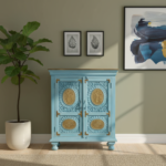Mango Wood Hand-Carved Bedside Cabinet With Brass Detailing - Image 3
