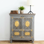 Mango Wood Hand-Carved Bedside Cabinet With Brass Detailing