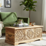 Mango Wood Hand-Carved Blanket Chest With Natural Finish