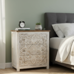Mango Wood Mandala Carved Bedside Drawer Chest With White Finish