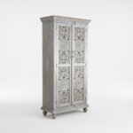 Mango Wood Hand-Carved Tall Storage Cabinet With Grey Finish - Image 11