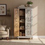 Mango Wood Hand-Carved Tall Storage Cabinet With Grey Finish - Image 4
