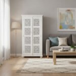 Mango Wood Hand-Carved Tall Storage Cabinet With White Finish - Image 3