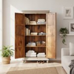 Mango Wood Hand-Carved Tall Storage Cabinet With Grey Finish - Image 4
