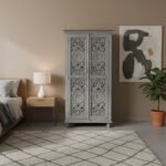Mango Wood Hand-Carved Tall Storage Cabinet With Grey Finish