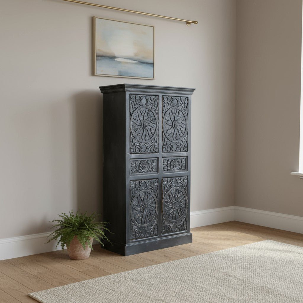 describe-a-change-33700281-e498-43b9-9944-28f87fa3c219 Mango Wood Hand-Carved Tall Storage Cabinet With Black Finish - Image 1