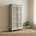 Mango Wood Hand-Carved Tall Storage Cabinet With Grey Finish