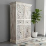 Mango Wood Hand-Carved Tall Storage Cabinet With White Finish