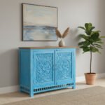 Mango Wood Blue Boho Cabinet Sideboard For Storage - Image 3