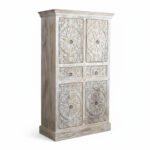 Mango Wood Hand-Carved Tall Storage Cabinet With White Finish - Image 8