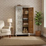 Mango Wood Hand-Carved Tall Storage Cabinet With Grey Finish - Image 5