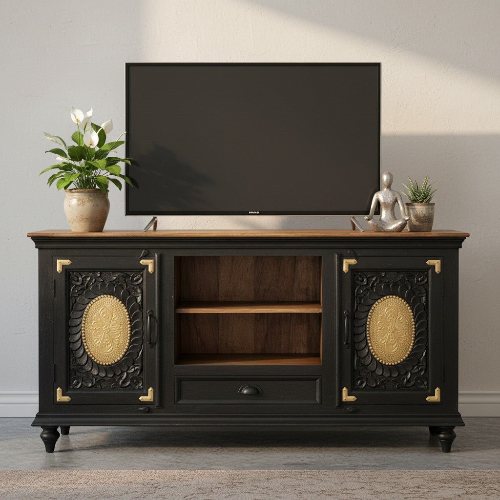 describe-a-change-4c916a52-1ad9-47ff-ad81-b9e1ddb7ce8d Mango Wood Hand-Carved Media Storage Unit With Brass Detailing - Image 1