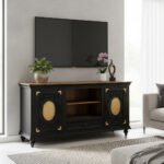Mango Wood Hand-Carved Media Storage Unit With Brass Detailing - Image 2