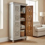 Mango Wood Hand-Carved Tall Storage Cabinet With Grey Finish - Image 6