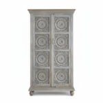 Mango Wood Hand-Carved Tall Storage Cabinet With Grey Finish - Image 10