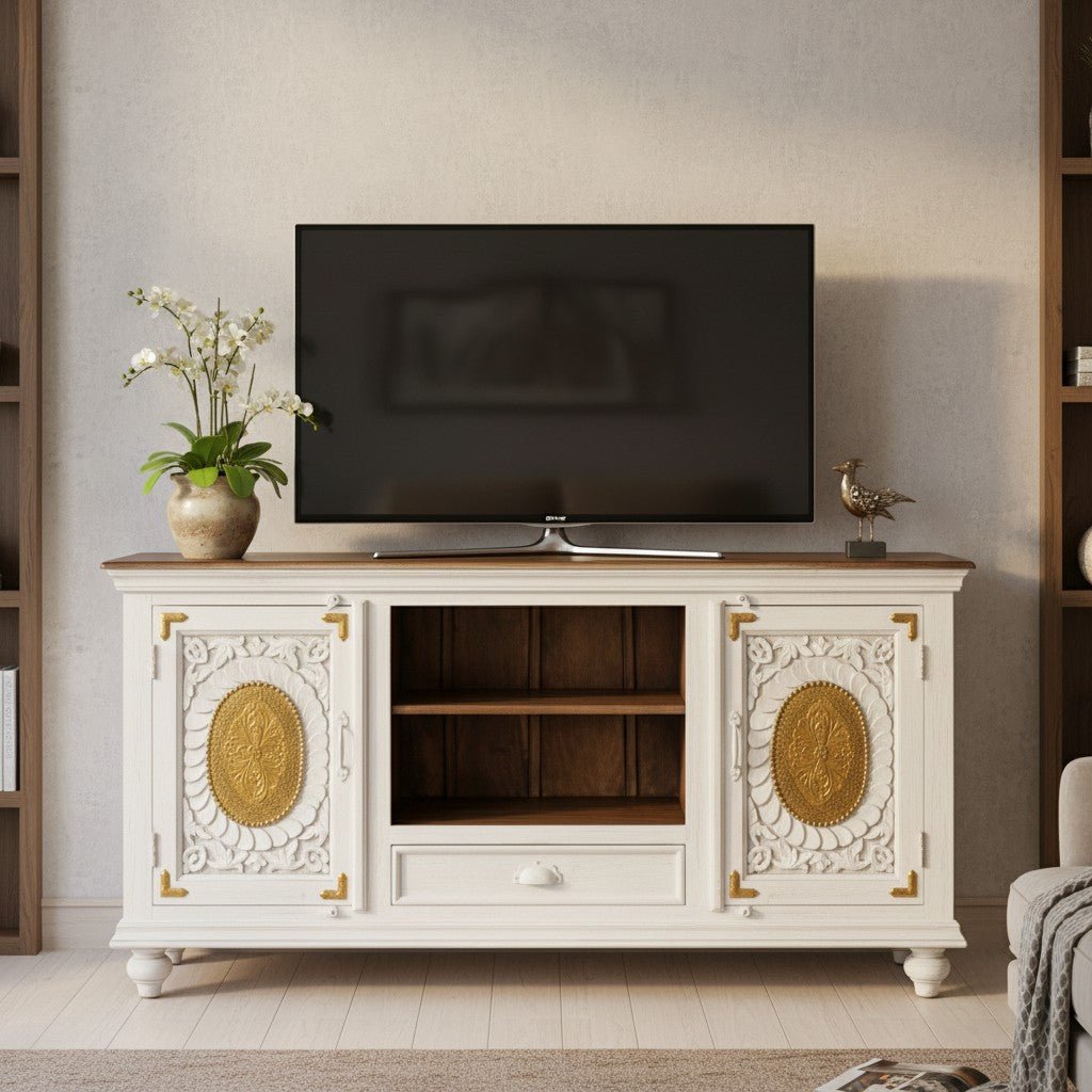 describe-a-change-5b8aaee0-f654-4402-921f-9f02e402d467 Mango Wood Hand-Carved Media Console With Brass Detailing - Image 1