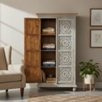Mango Wood Hand-Carved Tall Storage Cabinet With Grey Finish - Image 3
