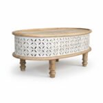 Mango Wood Centerpiece Oval Coffee Table With Lattice Carving - Image 8