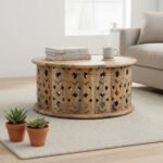 Mango Wood Natural Coffee Table With Floral Carving - Image 2