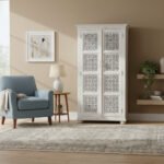 Mango Wood Hand-Carved Tall Storage Cabinet With White Finish
