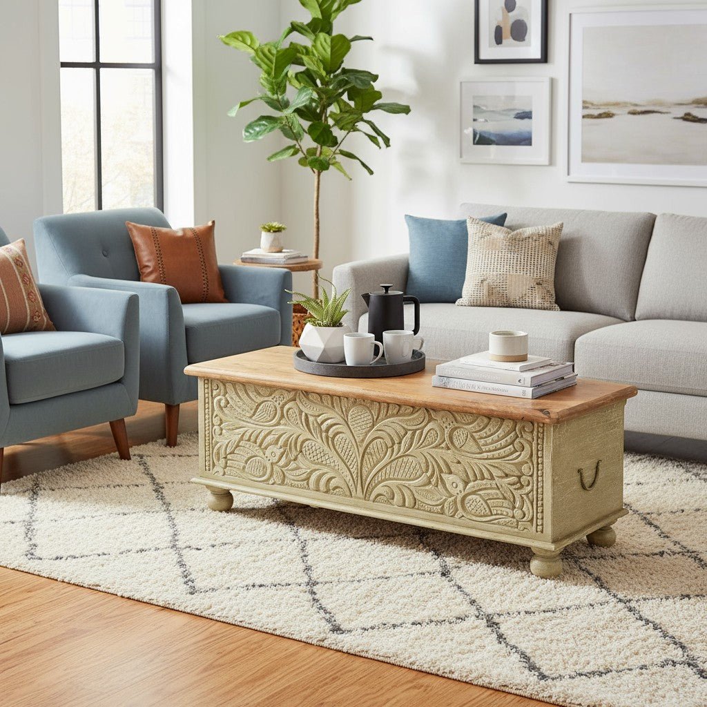describe-a-change-75e8c678-4651-4a95-8e25-f953d2d2209d Mango Wood Indian Boho Blanket Chest For Storage - Image 1