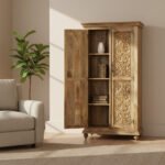 Mango Wood Hand-Carved Tall Storage Cabinet For Modern Home - Image 8