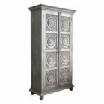 Mango Wood Hand-Carved Tall Storage Cabinet With Grey Finish - Image 7