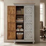 Mango Wood Hand-Carved Tall Storage Cabinet With Grey Finish - Image 5