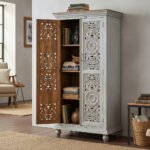 Mango Wood Hand-Carved Tall Storage Cabinet With Grey Finish - Image 7