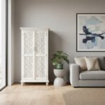 Mango Wood Hand-Carved Tall Storage Cabinet With White Finish