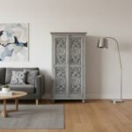 Mango Wood Hand-Carved Tall Storage Cabinet With Grey Finish - Image 2