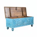 Mango Wood Blue Blanket Chest With Floral Pattern Carving - Image 11