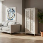 Mango Wood Hand-Carved Tall Storage Cabinet With White Finish - Image 4