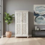 Mango Wood Hand-Carved Tall Storage Cabinet With White Finish - Image 2