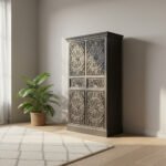 Mango Wood Hand-Carved Tall Storage Cabinet With Black Finish - Image 2
